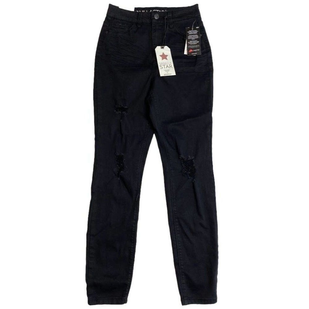 Vanilla Star Distressed Skinny Ankle Jean Juniors 25 XS Black Ripped Stretch NEW